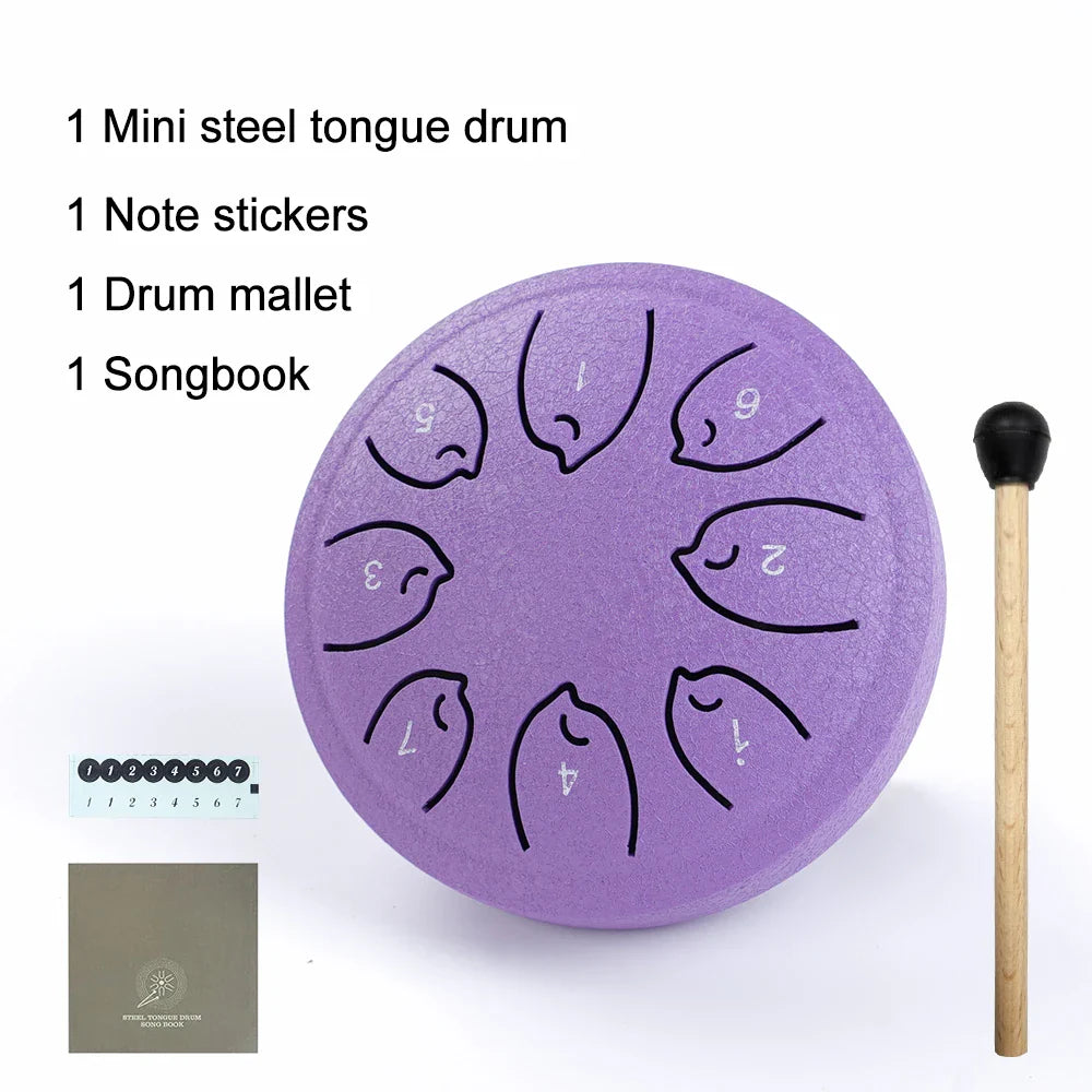 Purple 8 notes ethereal steel tongue drum with black engraved notes and wooden mallet musical toy instrument for kids
