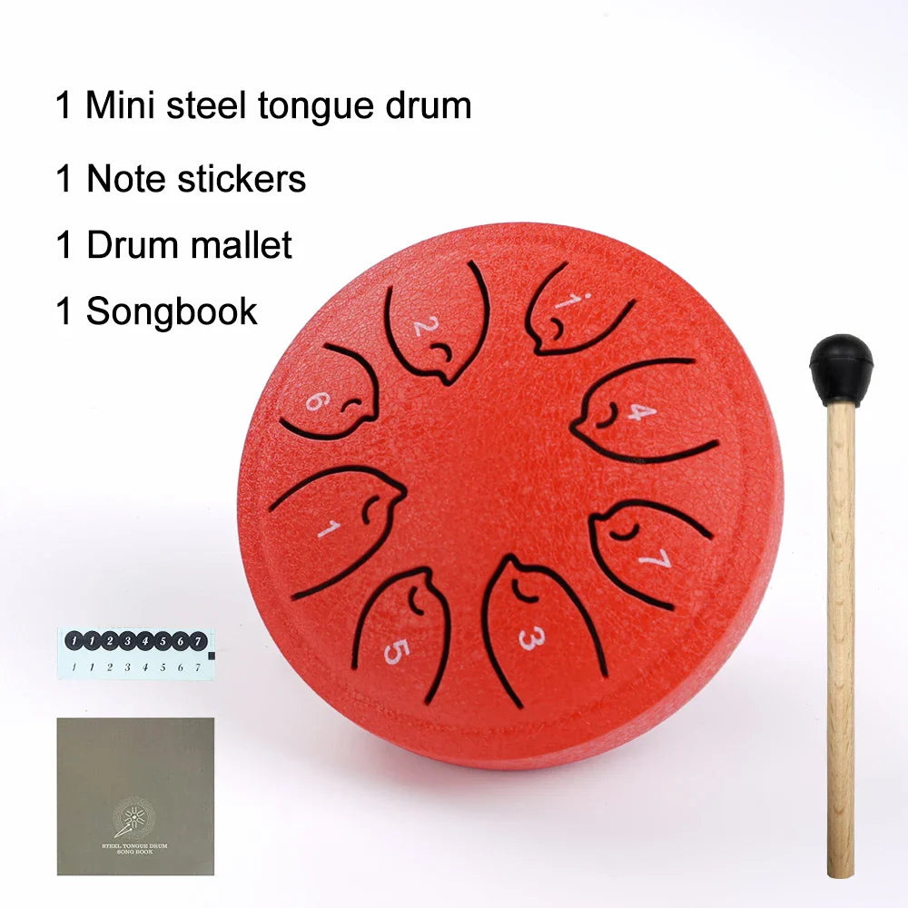 Red mini steel tongue drum with black numbered note stickers 8 notes ethereal drum musical toy instrument for kids
