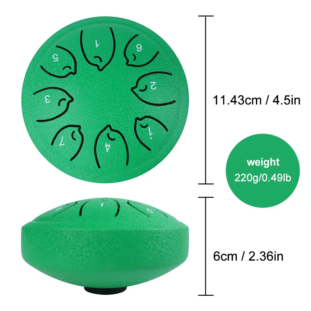 Green 7-note steel tongue drum with engraved numbers textured surface notes ethereal drum musical toy instrument