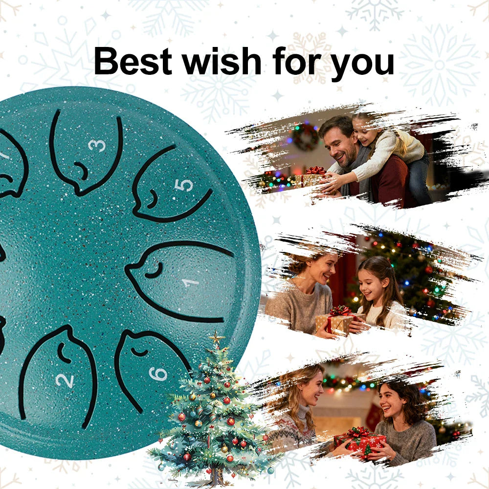 Teal glittery steel tongue drum with black outlined fish-shaped numbered sound zones for musical toy instrument use
