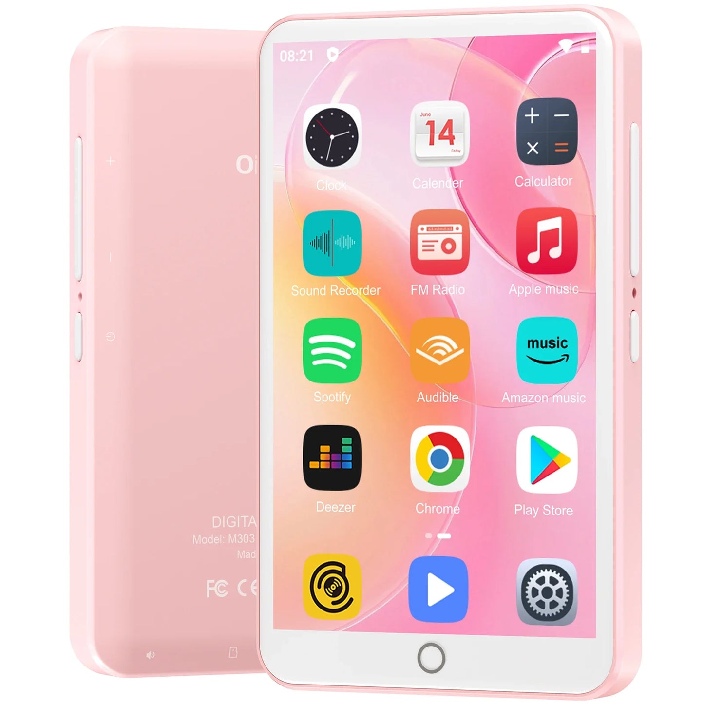 Pink sleek mp3 player android 9.0 with speakers fm radio ebooks capacity up to 512gb and bluetooth wifi connectivity