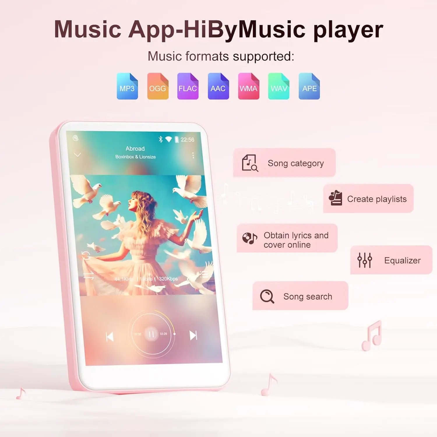 Pink rectangular mp3 player android 9.0 with 80gb capacity 4 inch screen speakers fm radio and ebooks display