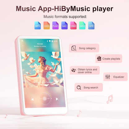 Pink rectangular mp3 player android 9.0 with 80gb capacity 4 inch screen speakers fm radio and ebooks display