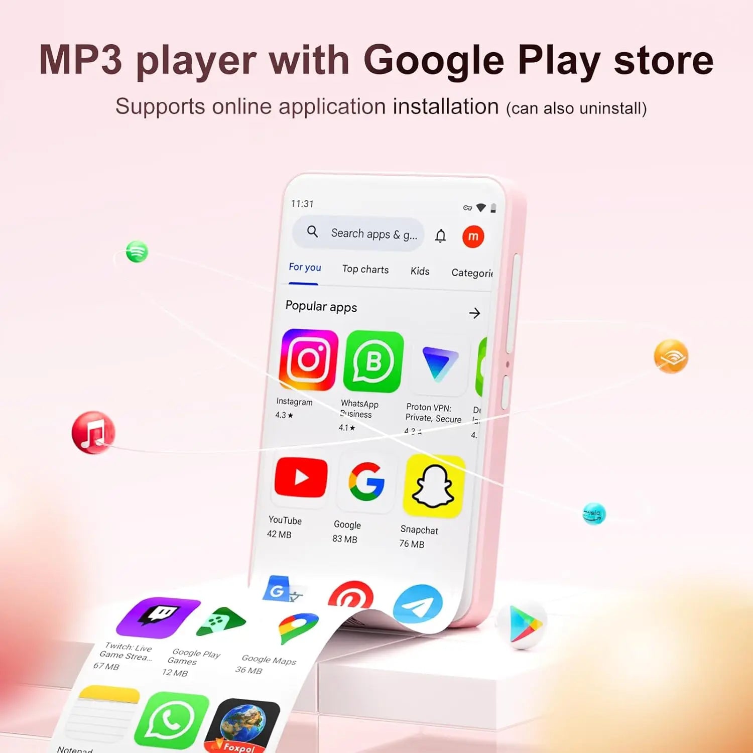 Pink 80gb mp3 player android 9.0 with google play, speakers fm radio ebooks capacity up to 512gb