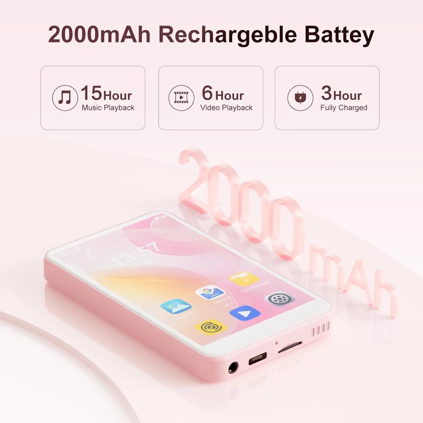 Pink 2000mah rechargeable mp3 player android with bluetooth wifi 4-inch touchscreen speakers fm radio ebooks capacity