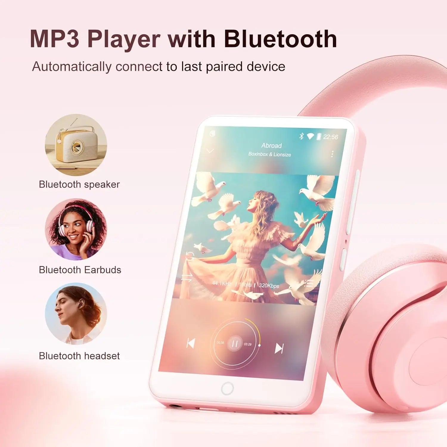 Pink 80GB mp3 player android with bluetooth touchscreen display fm radio speakers and radio ebooks capacity up to 512GB