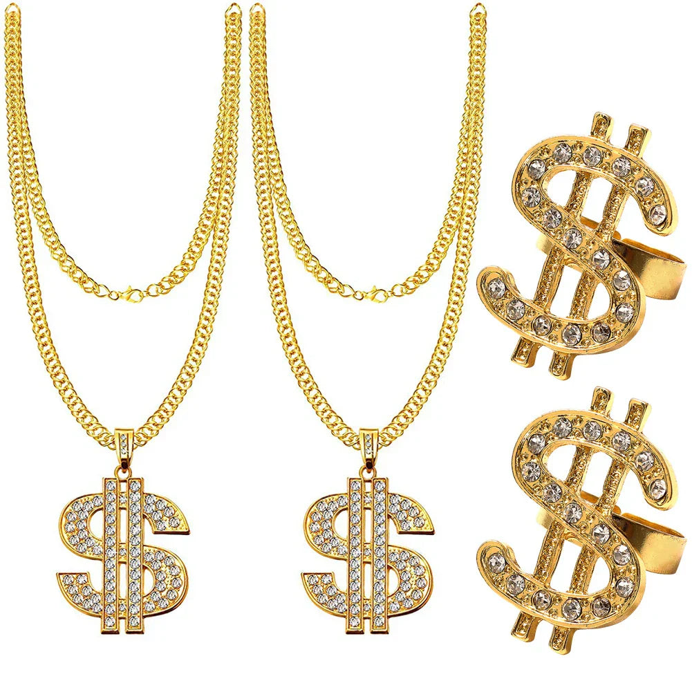 Gold-colored dollar sign necklaces and ring accessories with clear rhinestones for 80s 90s rapper big gold chain costumes