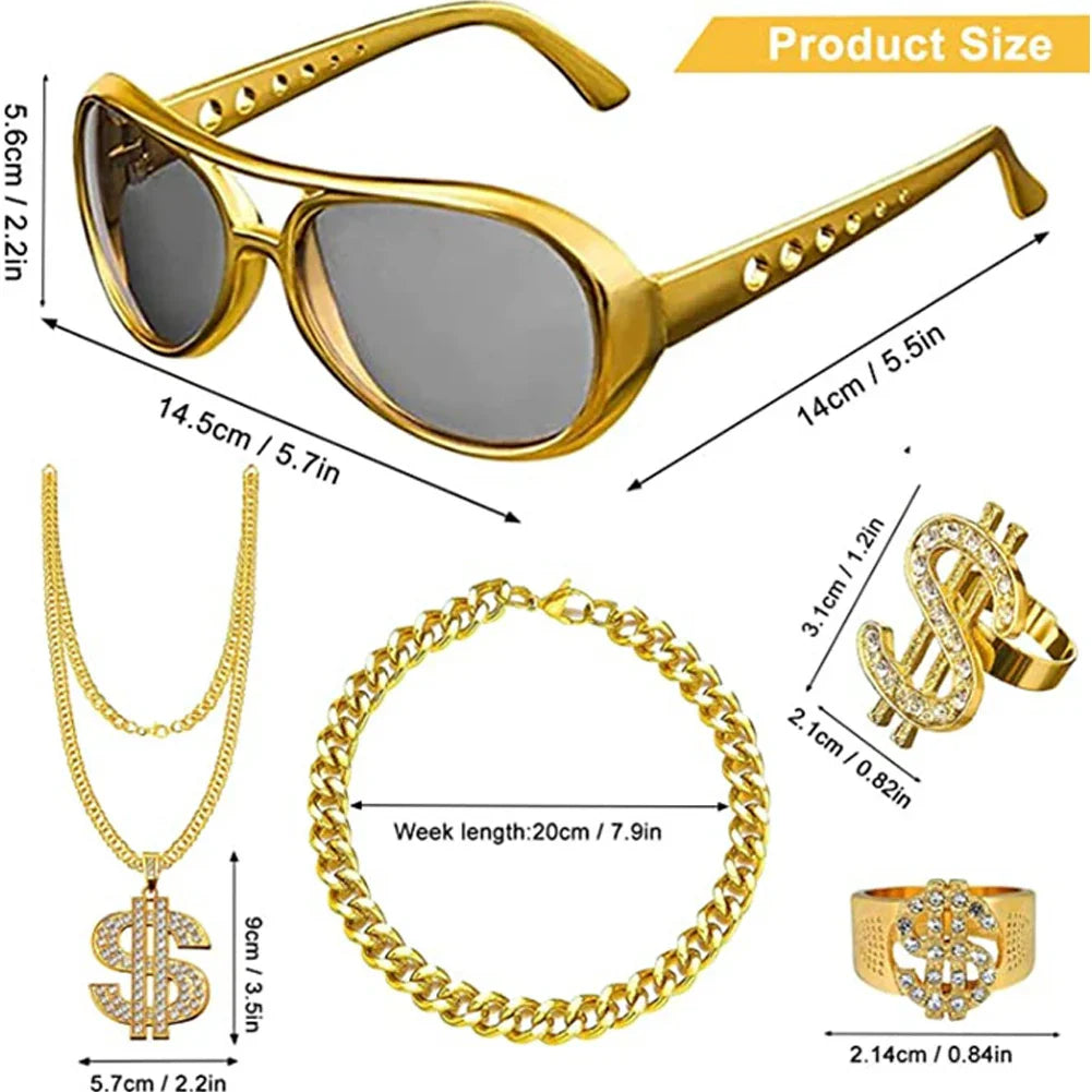Gold-colored faux-metal sunglasses with dark gray lenses and perforated arms for 80s 90s rapper accessories look