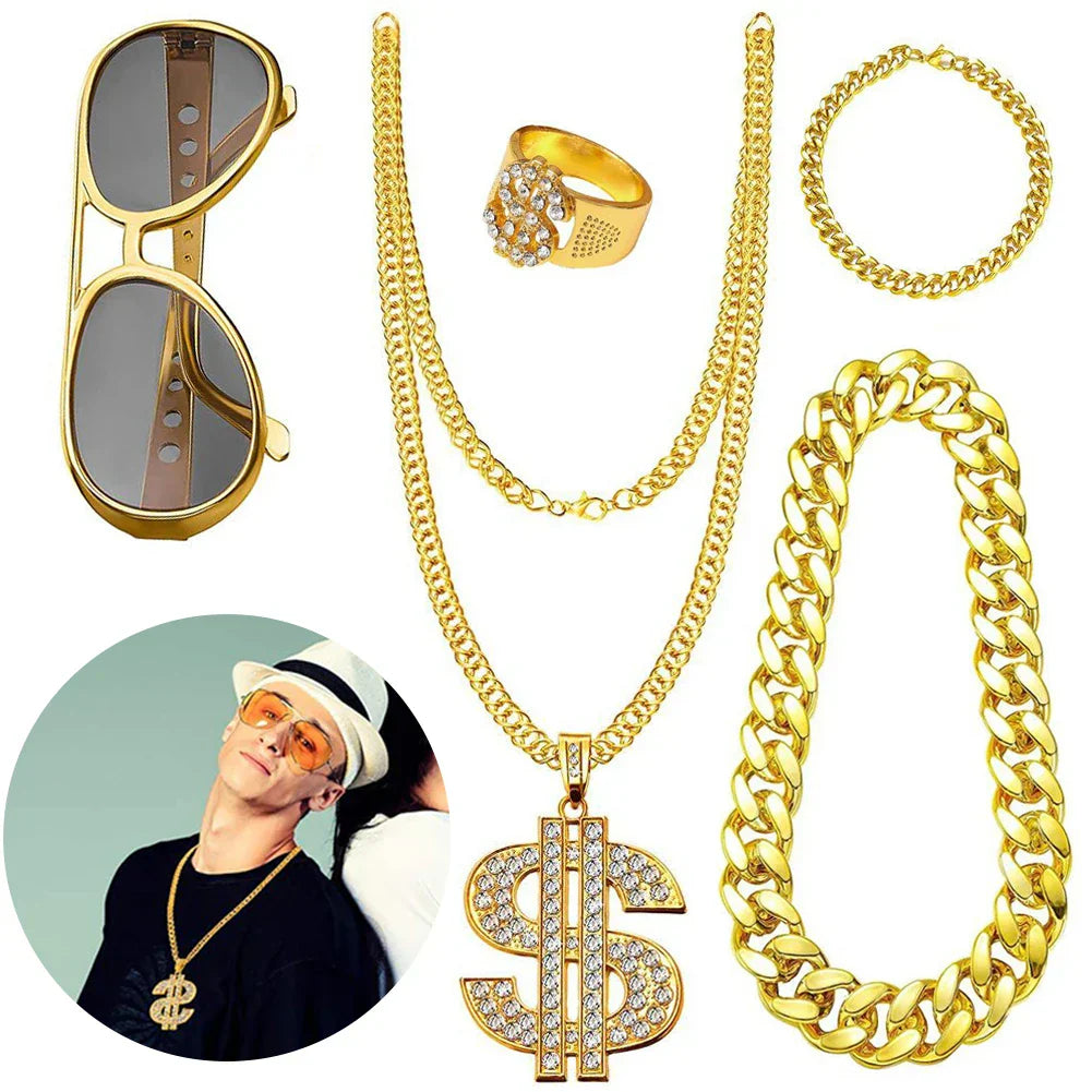 Gold-colored diamond-encrusted dollar sign pendant with thick chain for 80s 90s rapper and 90s rapper accessories