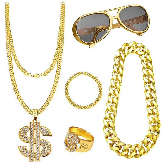 Gold-colored big gold chain set with dollar sign pendant, ring, aviator sunglasses, and matching 80s 90s rapper accessories