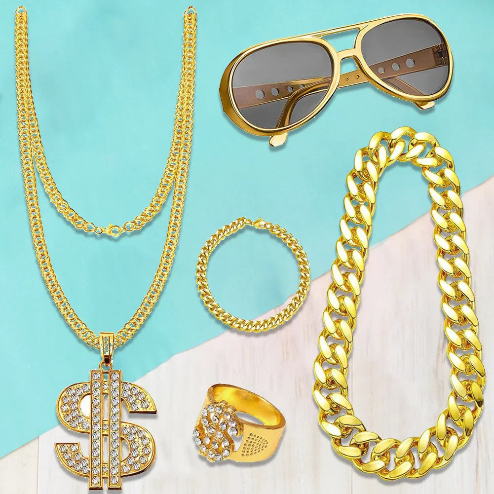 Gold-colored rhinestone-encrusted dollar sign pendant with big gold chain 80s 90s rapper costume accessory