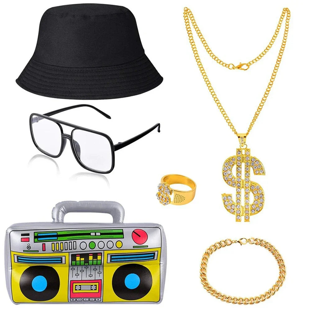 Gold diamond-encrusted dollar sign pendant on big gold chain for 80s 90s rapper and 90s rapper accessories costume set