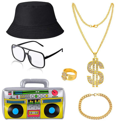 Gold diamond-encrusted dollar sign pendant on big gold chain for 80s 90s rapper and 90s rapper accessories costume set