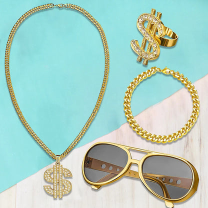 Gold chain necklace with dollar sign pendant adorned with clear crystals for 80s 90s rapper costume accessories
