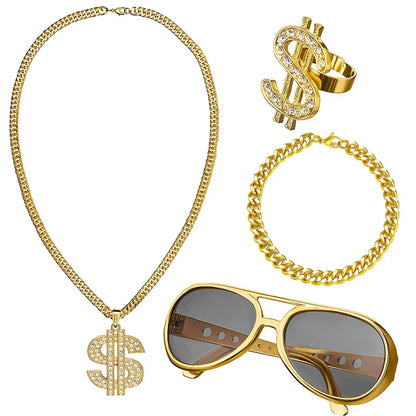 Gold chain necklace with a dollar sign pendant adorned with clear rhinestones for 80s 90s rapper costume use