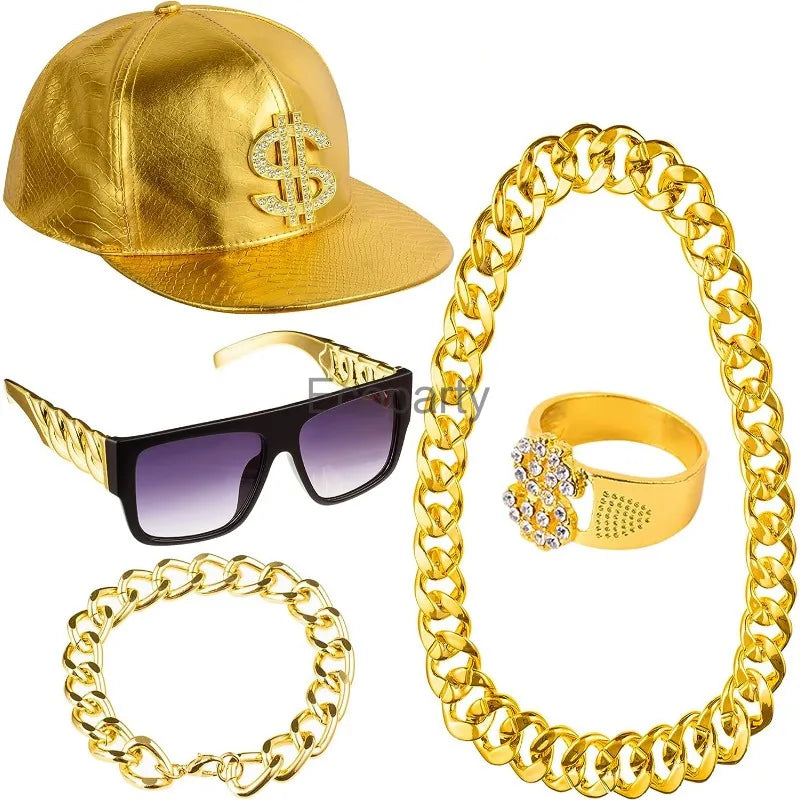 Gold-colored faux leather cap with diamond-encrusted dollar sign emblem for 90s hip hop vintage rapper cosplay