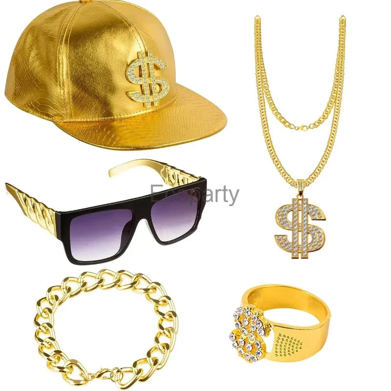 Gold baseball cap with diamond-encrusted dollar sign emblem for 90s hip hop vintage rapper cosplay accessories set