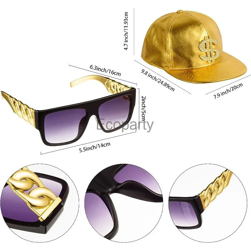Gold and black sunglasses with chain-link temples and gradient purple lenses for 90s hip hop vintage rapper cosplay