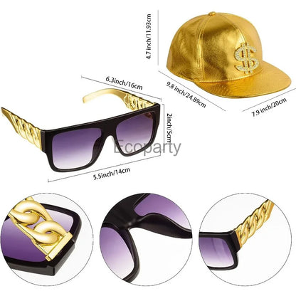 Gold and black sunglasses with chain-link temples and gradient purple lenses for 90s hip hop vintage rapper cosplay