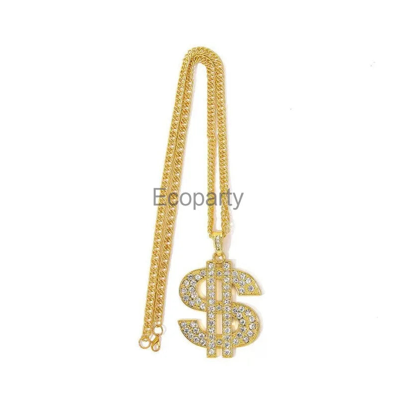 Gold-colored chain necklace with large diamond-encrusted dollar sign pendant for 90s hip hop vintage rapper cosplay