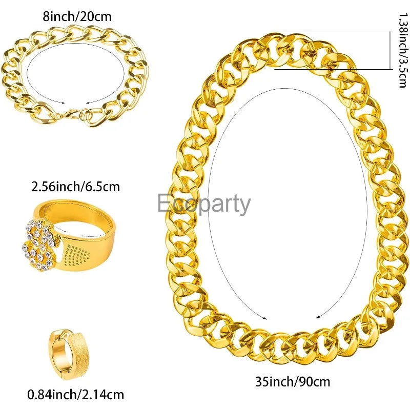 Gold-colored chunky metal chain necklace with bold interlocking links for 90s hip hop vintage rapper cosplay