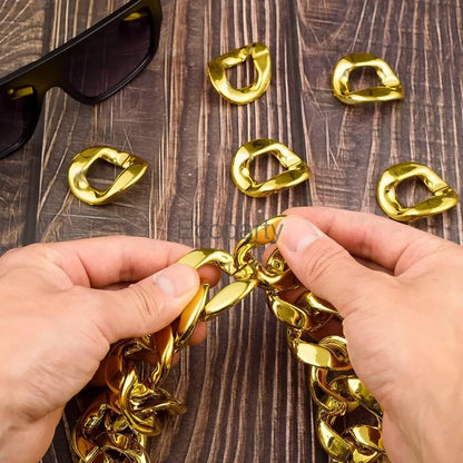 Gold-colored chunky chain link necklace with shiny metallic finish for 90s hip hop vintage rapper cosplay accessories set