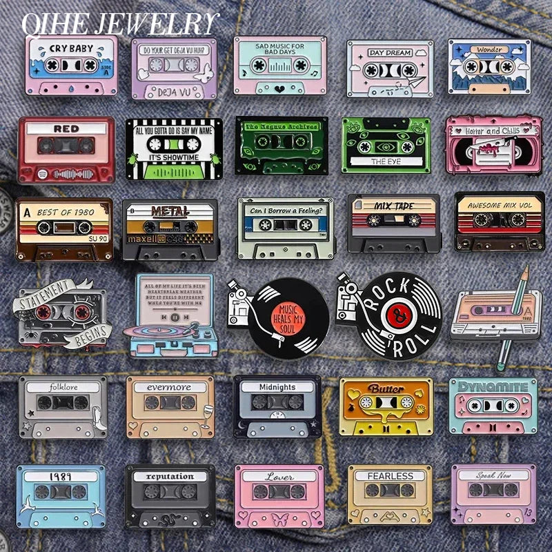 A colorful enamel pins vintage cassette tape collection and vinyl record design displayed on denim fabric for 90s retro music fans