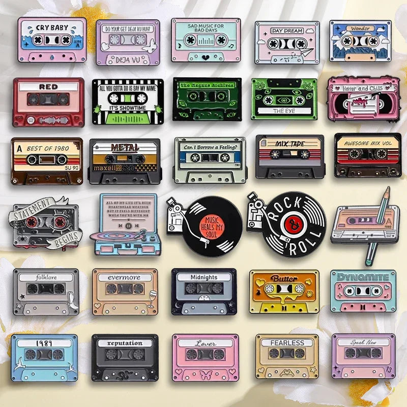 A colorful enamel pins vintage collection featuring 90s retro music cassette tape and vinyl record designs for gifts
