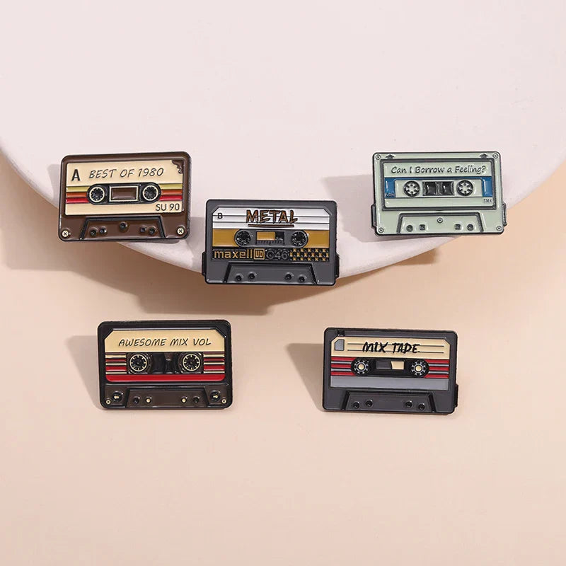 Set of five enamel pins vintage featuring colorful 90s retro music cassette tape collection designs for nostalgic jewelry gifts