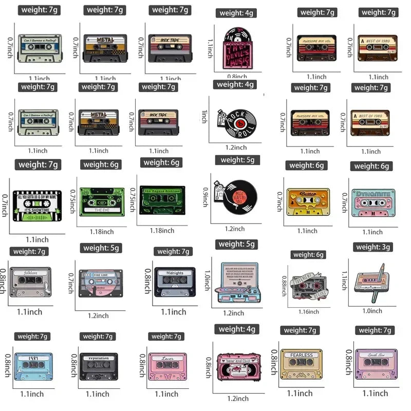 A cassette tape collection of enamel pins vintage in black silver green pink yellow and blue for 90s retro music fans