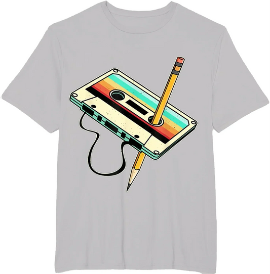 Light gray men clothing vintage t-shirt featuring a colorful 80s cassette tape graphic with pencil 1980s retro design