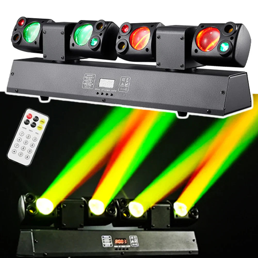 Black 80w led moving head beam light bar with four rgbw spotlights emitting green yellow and red beams for disco party rgbw and dmx512 dj equipment use