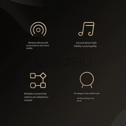 Gold-colored minimalist icons on dark background highlight wireless home theater bluetooth and subwoofer outdoor portable features