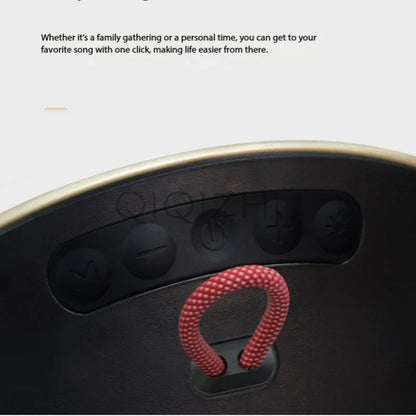 Black 80W home theater bluetooth speaker with red braided rope handle metallic gold trim subwoofer outdoor portable