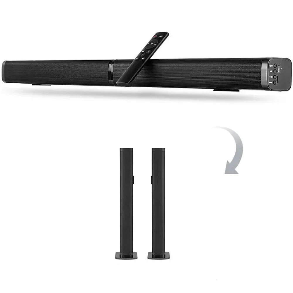 Black 80w tv soundbar with sleek textured surface and matching remote control for immersive surround sound bar use