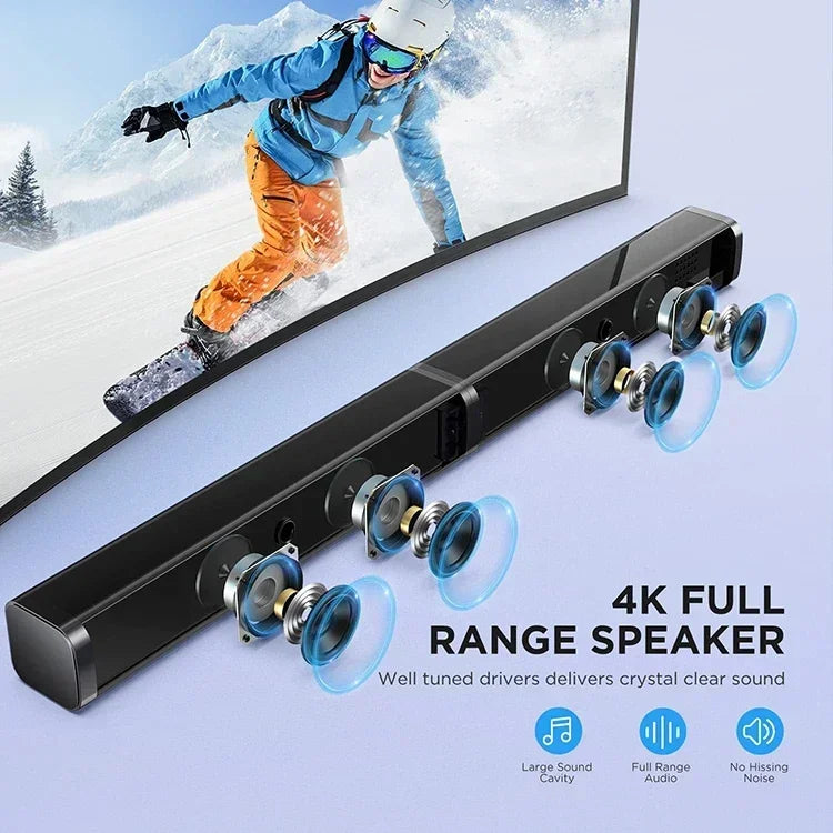 Black 80w tv soundbar with transparent blue dome drivers and silver accents for type beat music surround sound bar system