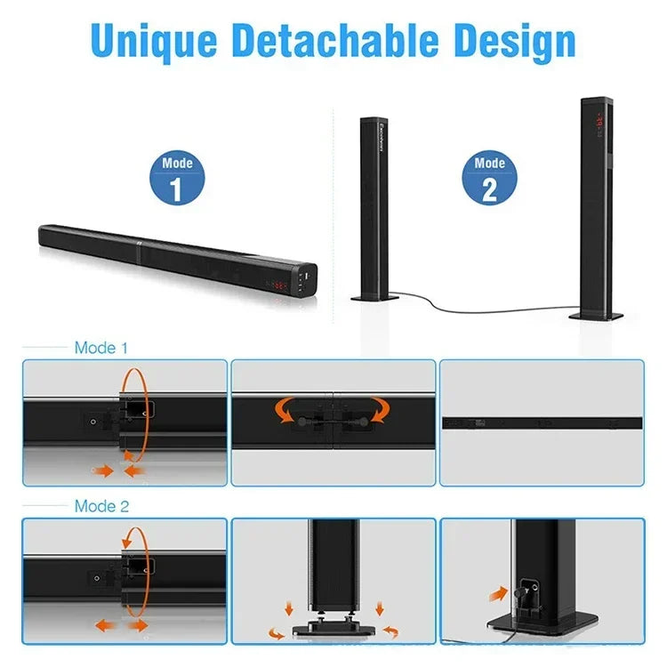 Black detachable 80w tv soundbar with sleek design and two vertical towers for immersive surround sound bar home theater use