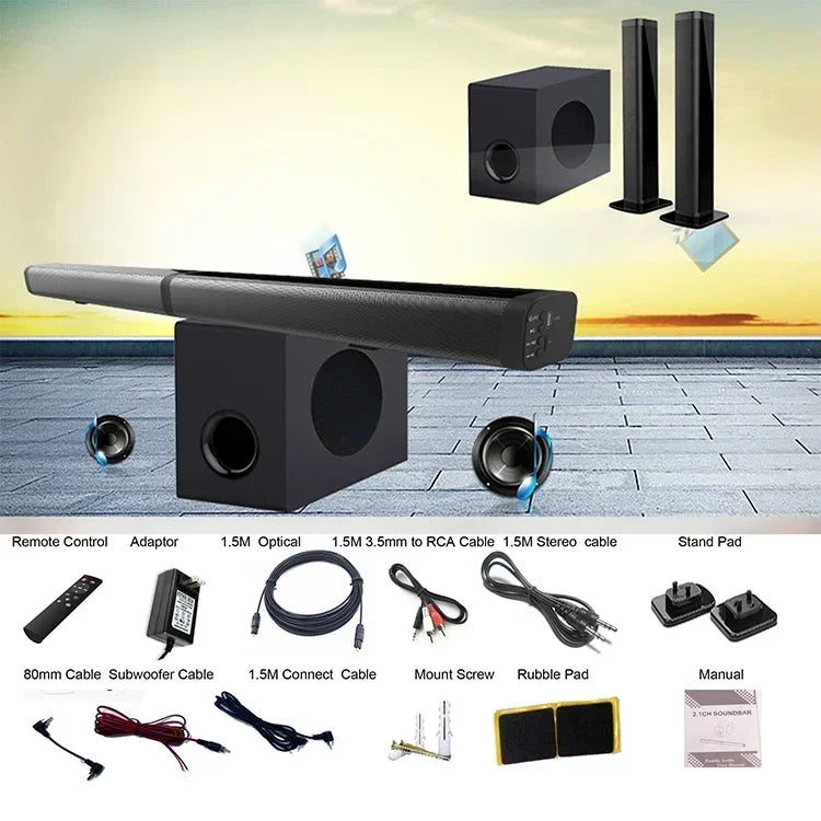 Black 80w tv soundbar with sleek elongated design and integrated controls for immersive surround sound bar experience