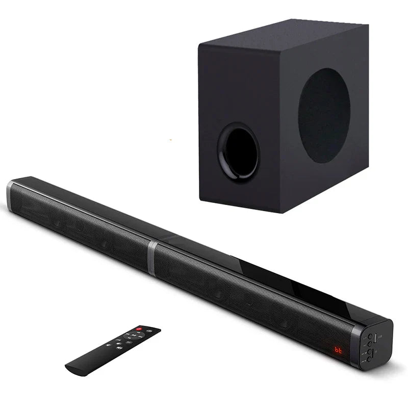 Black 80w tv soundbar with textured surface and matching subwoofer featuring circular speaker grilles for surround sound bar use