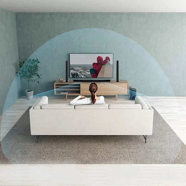 Modern flat-screen tv with spider-man scene mounted above wooden console flanked by black 80w tv soundbar surround sound bar speakers