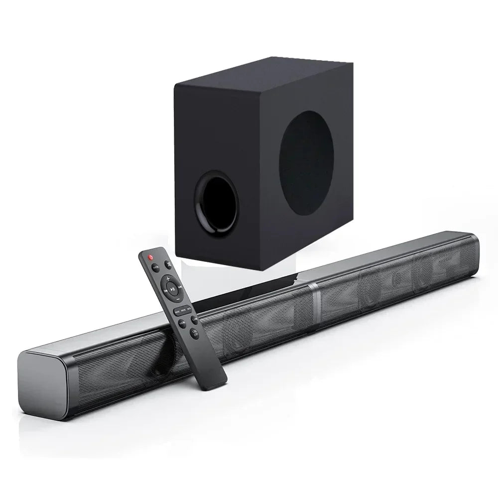 Black 80w tv soundbar with sleek mesh grille finish designed for 3d surround sound and type beat music home theatre use