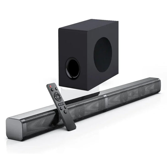 Black 80w tv soundbar with sleek mesh grille finish designed for 3d surround sound and type beat music home theatre use