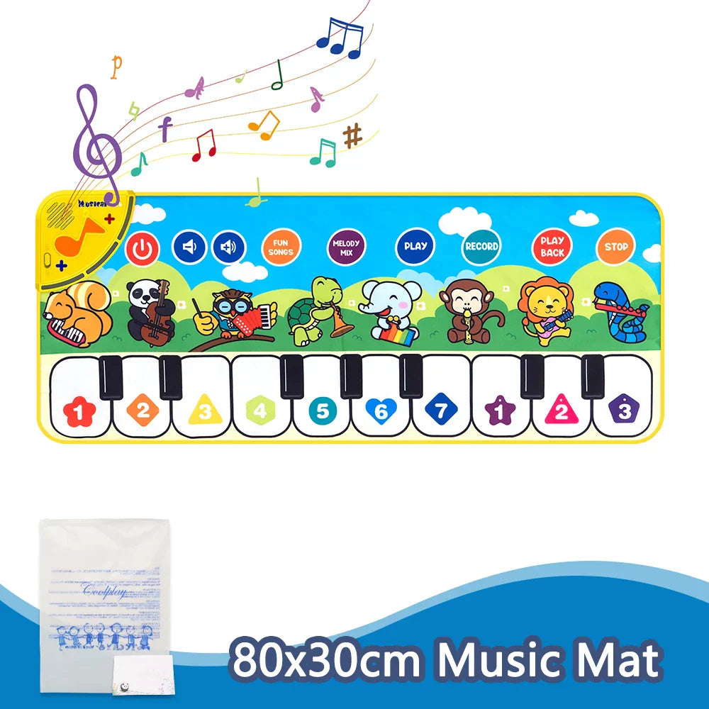 Colorful 80x30cm kids music piano mat keyboard with playful animals and 8 animals sounds baby educational toy