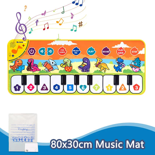 Colorful dinosaur-themed kids music piano mat keyboard with interactive buttons and 8 animals sounds baby features