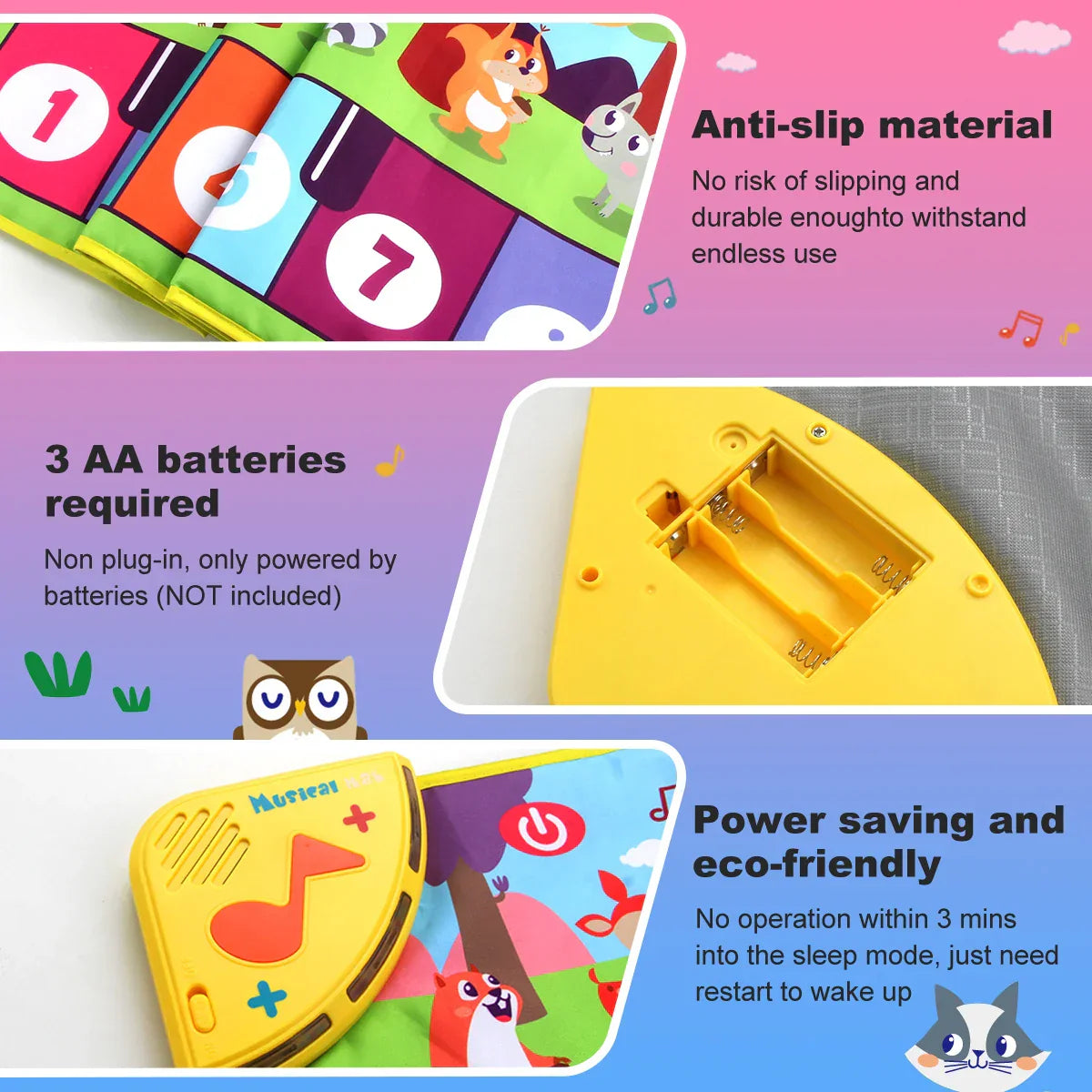 Brightly colored kids music piano mat keyboard with anti-slip material and yellow control panel featuring animal sounds baby design