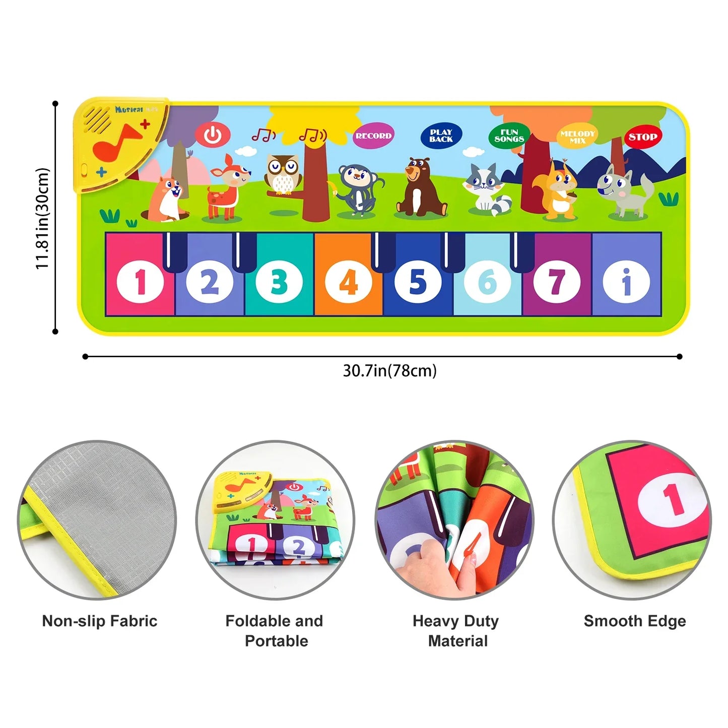 Colorful kids music piano mat keyboard with numbered keys and animal illustrations featuring animals sounds baby design