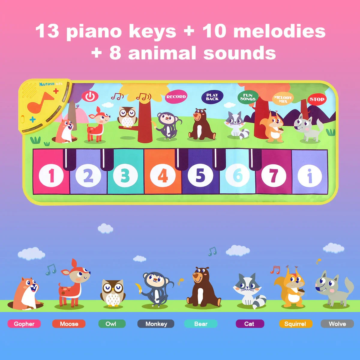 Colorful kids music piano mat keyboard with 13 keys and 8 animals sounds baby buttons for educational play
