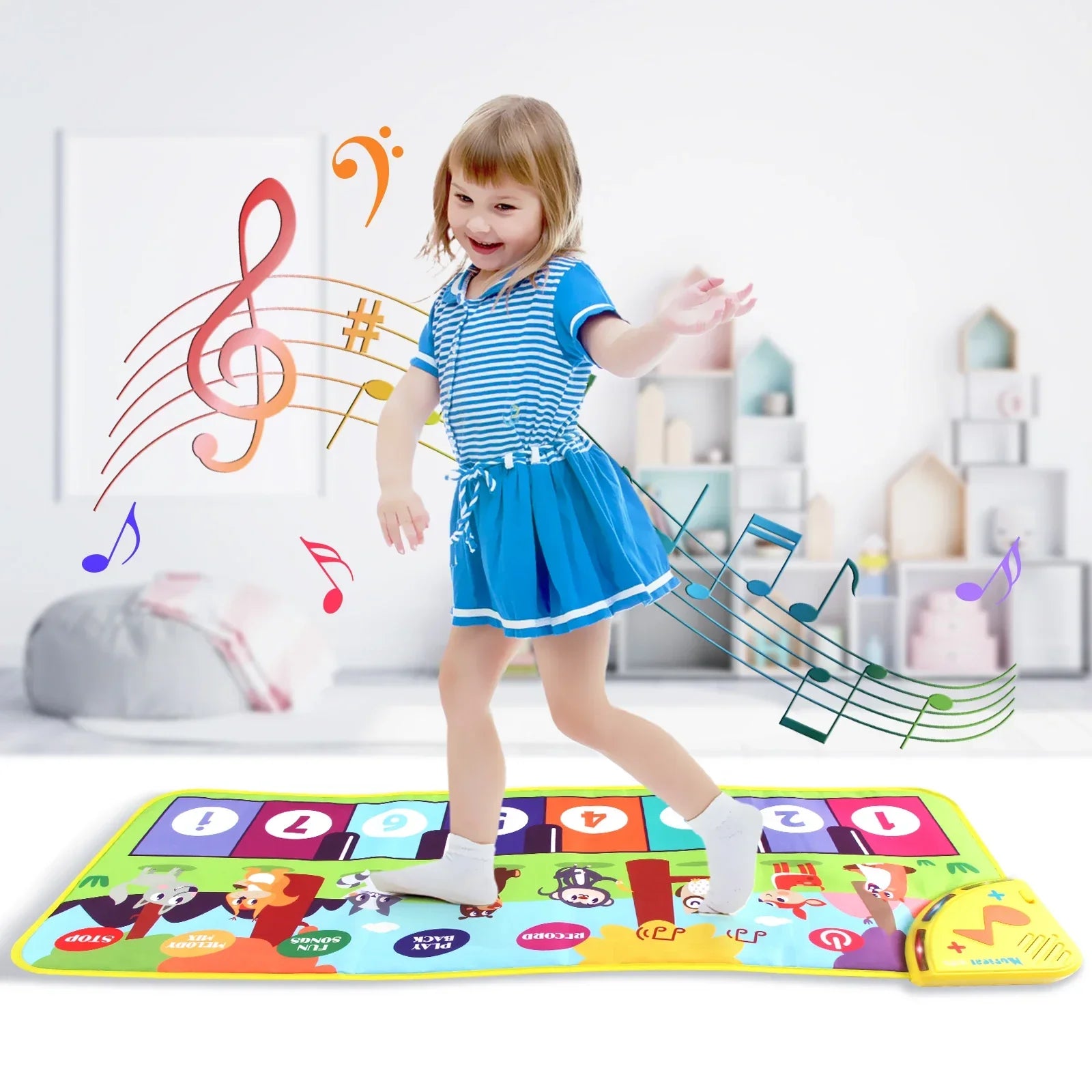 Colorful kids music piano mat keyboard with cartoon characters and numbered buttons featuring animals sounds baby