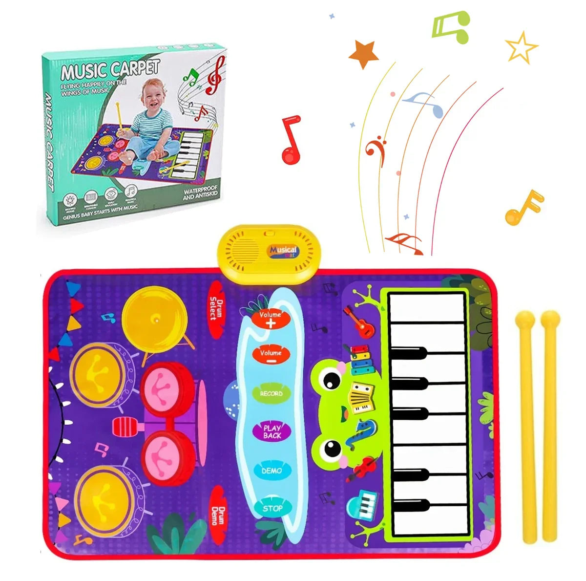 Purple toddler musical piano mat with frog character, piano keys, and colorful floor keyboard drum pads for educational toys floor use