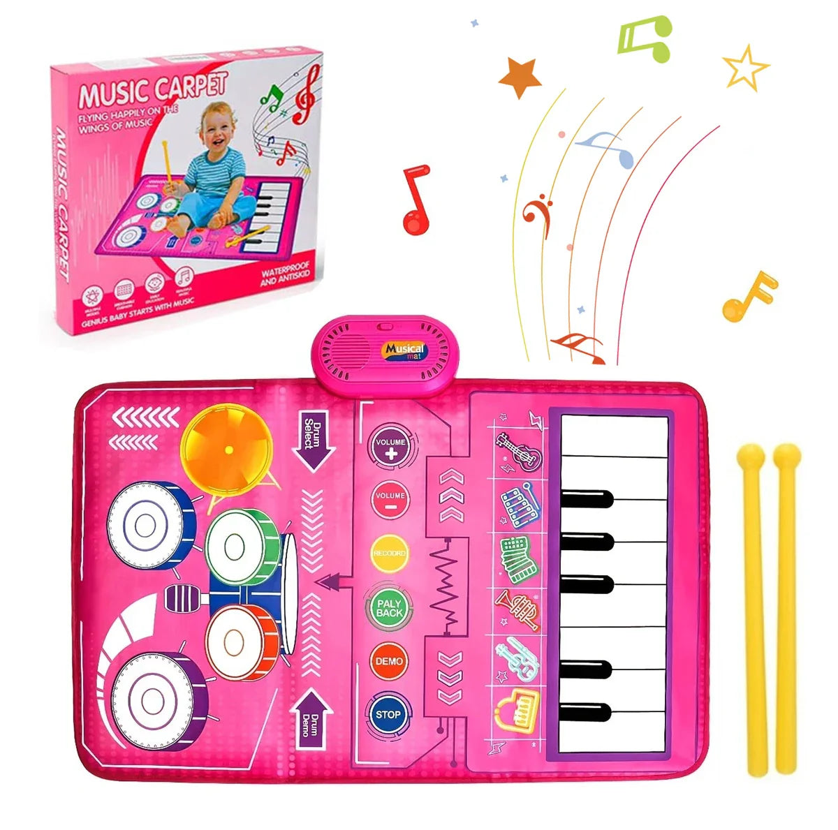 Pink toddler musical piano mat with built-in colorful floor keyboard drum and yellow drumsticks for educational toys floor use